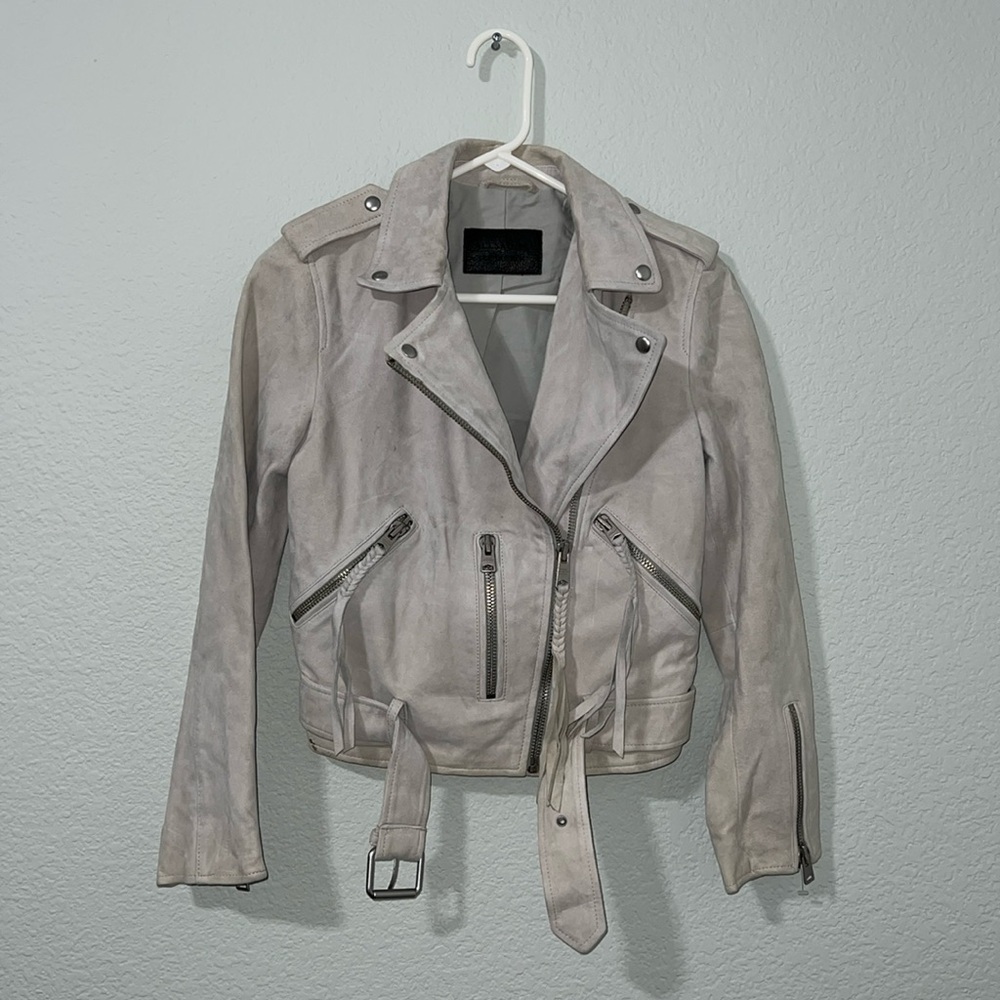 AllSaints Plait Balfern Biker Luna Blue
Gray Green Suede Jacket size 2
